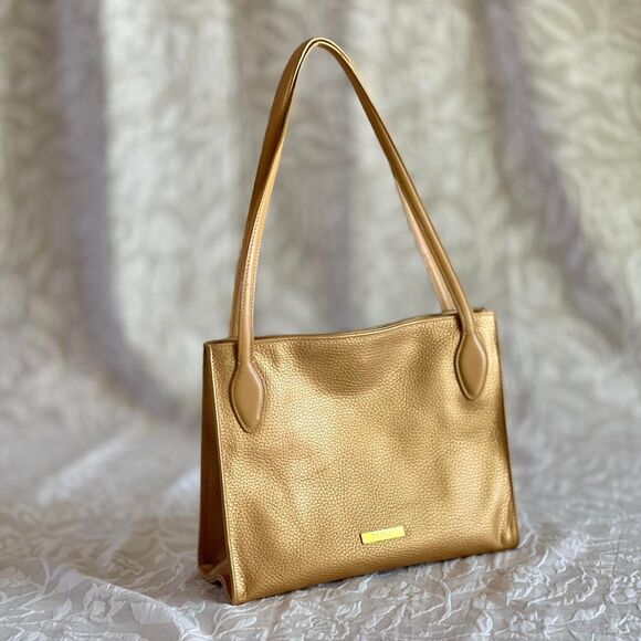 Rare Desmo Gold Pebbled Leather Purse Magnet Closure Double Straps 11x4x9 inches - Picture 1 of 8